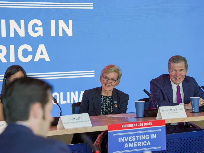 Energy Secretary Jennifer Granholm and North Carolina Gov. Roy Cooper appear at the Clean Energy Roundtable in Charlotte on June 26, 2023.